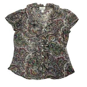 LOFT Sz SP Paisley Print Ruffle Placket Lightweight Blouse Shirt Sheer Sparkle